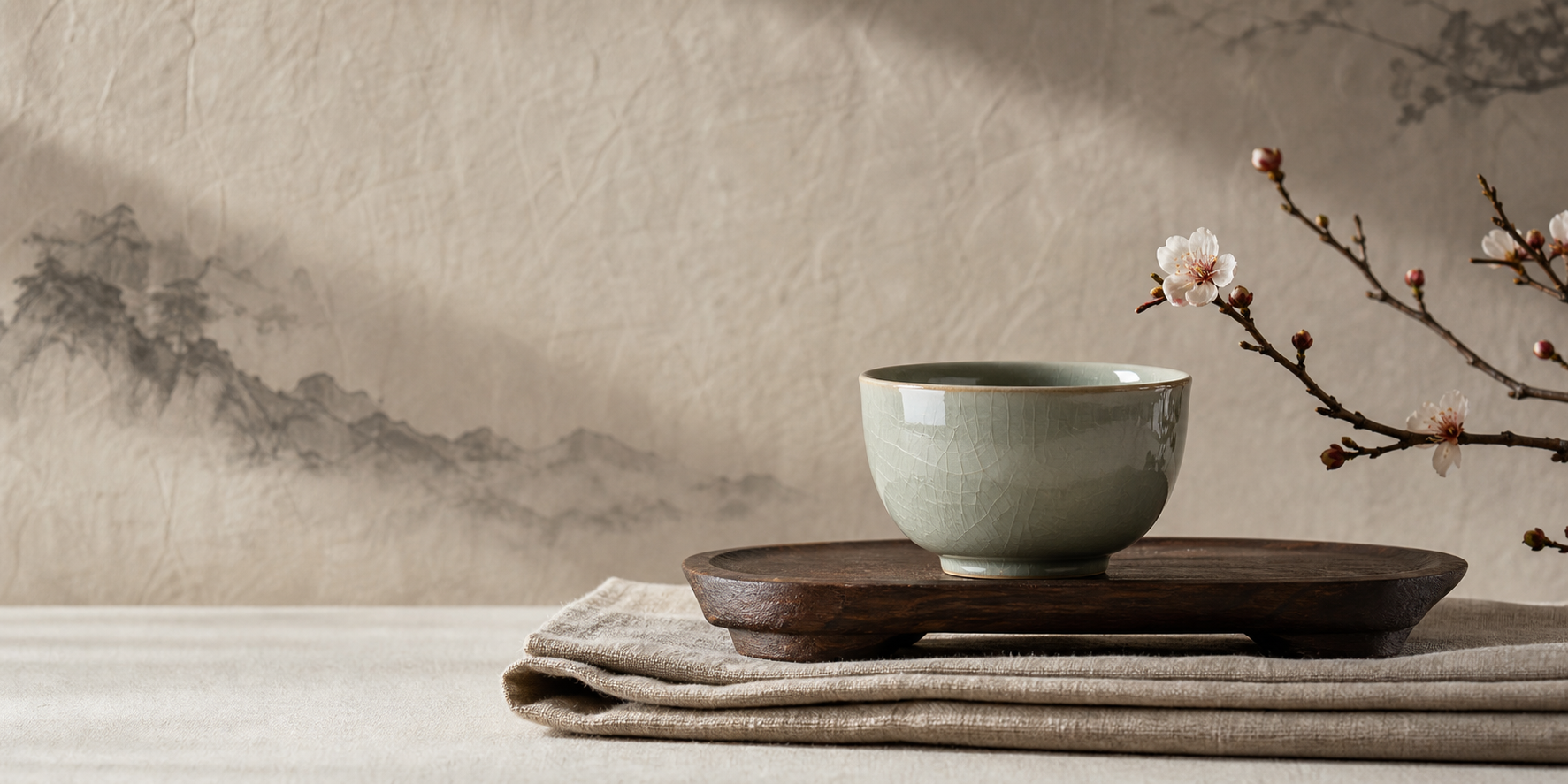 Celadon teaware, plum branch and wooden tray arranged as an Eastern still life
