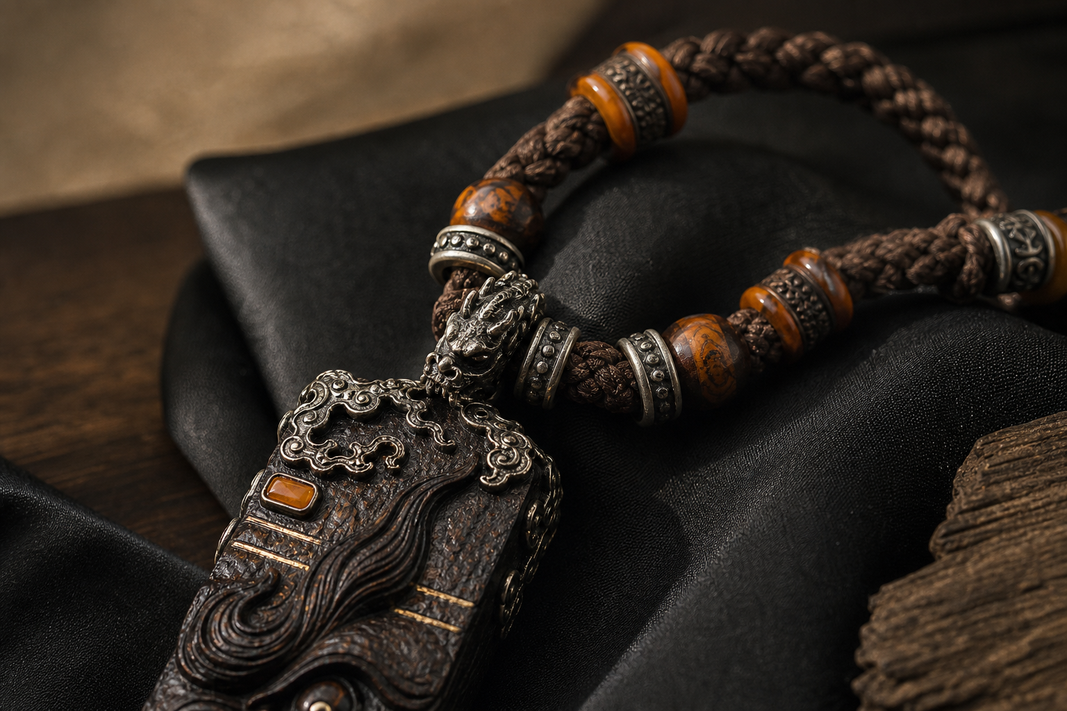 Braided cord, metal fittings and bead details of the pendant