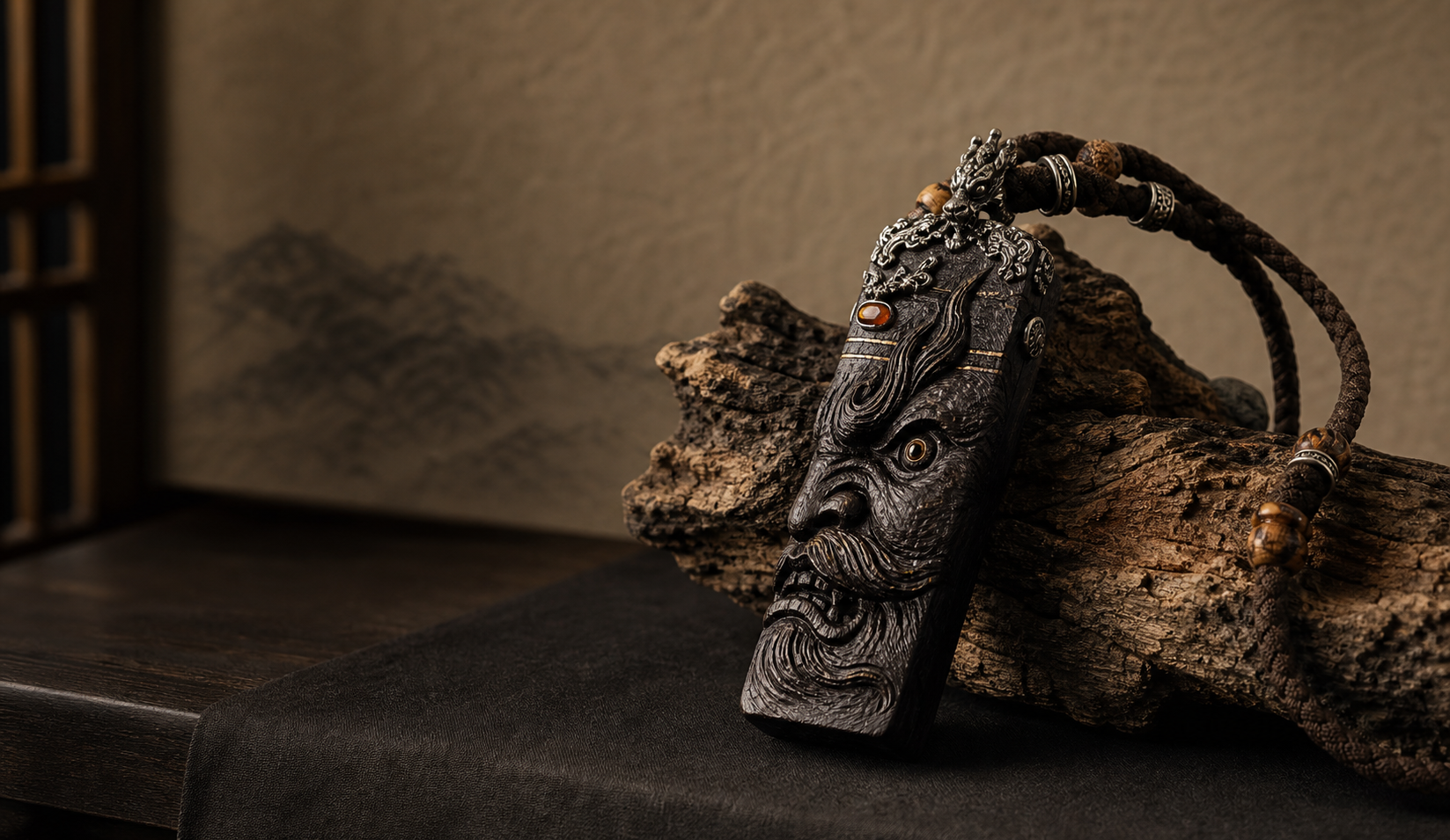 Hand-carved Zhong Kui pendant displayed against dark wood and a paper wall
